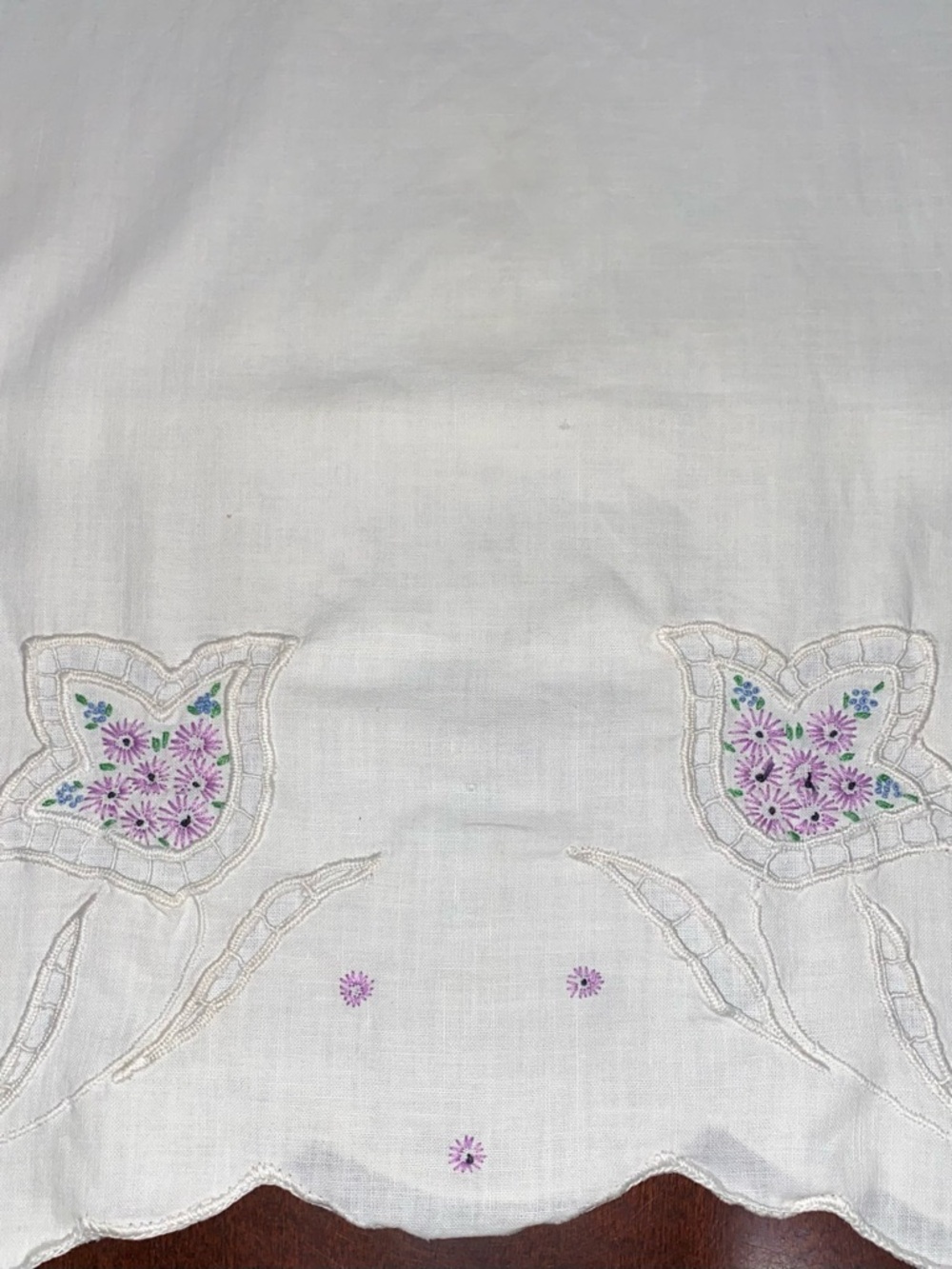 Vintage Cottagecore White Pillowcase with Lavender Floral Embroidery - Picture 4 of 10